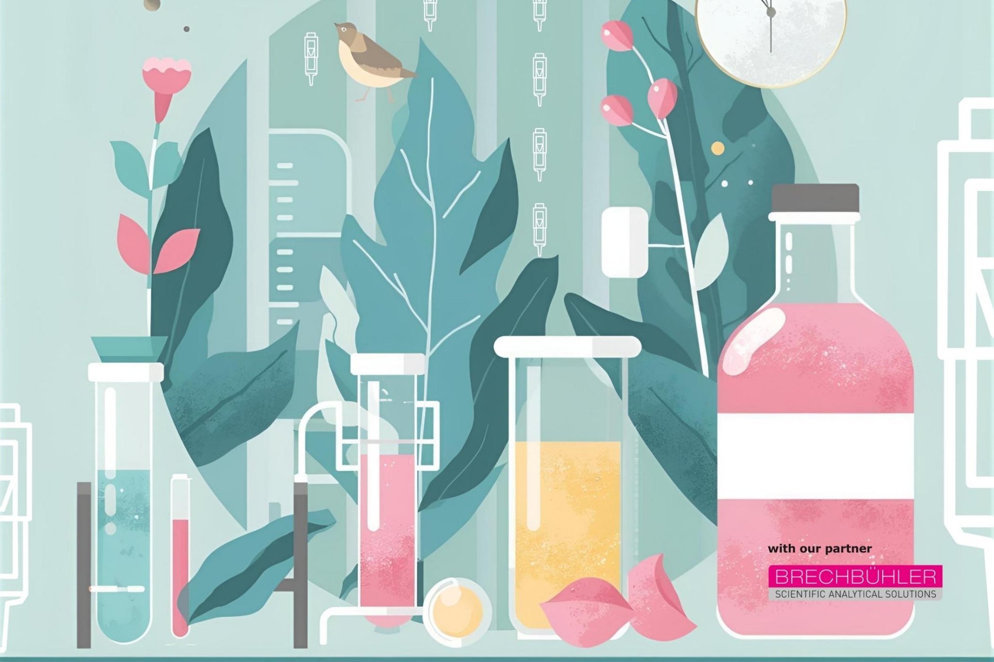 An abstract set of partel colored reagents and micro-spe cartrdiges hinting towards environmental, life science and food analyses