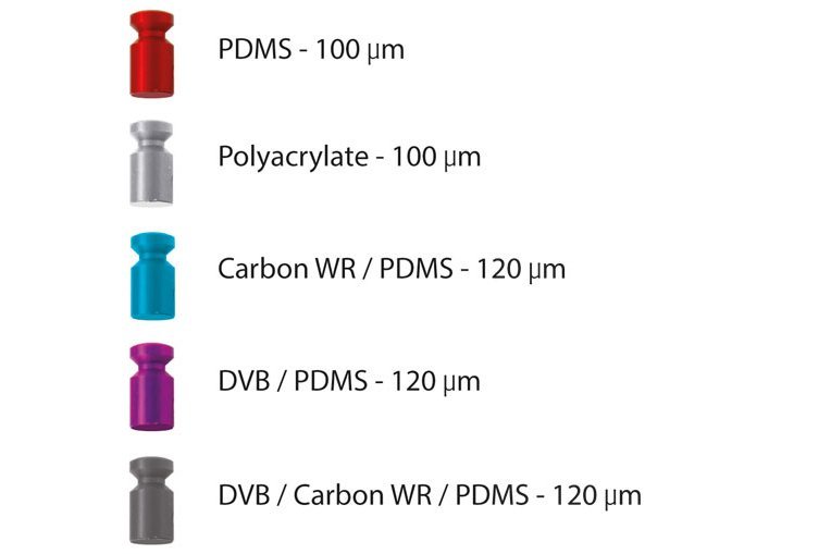Smart SPME Arrows colored heads arranged vertically with labels for coating material and micrometer thickness.