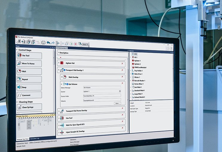 PAL Method Composer software running on a desktop screen for creating and managing lab automation methods.