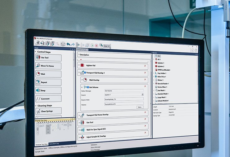 PAL Method Composer software running on a desktop screen for creating and managing lab automation methods.
