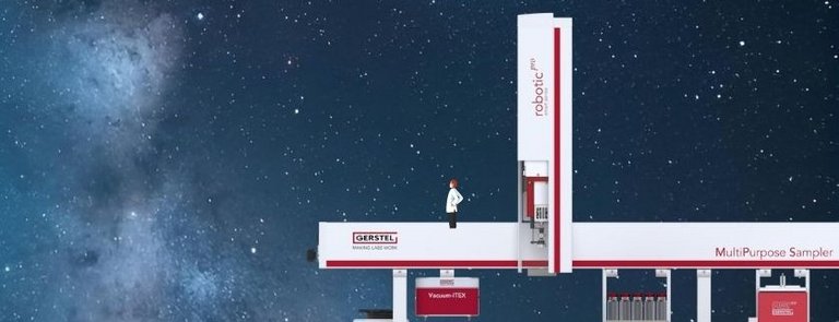 A PAL RTC autosampler equipped with the new V-ITEX module for automated headspace extraction, set against a starry background symbolizing innovation.