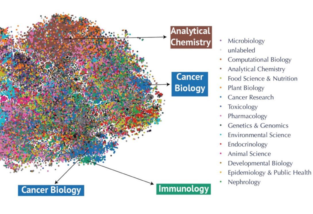 Figure 2. Visualization of metabolomics research fields using t-SNE embeddings. (A) Annotated t-SNE projections highlighting research domains. 