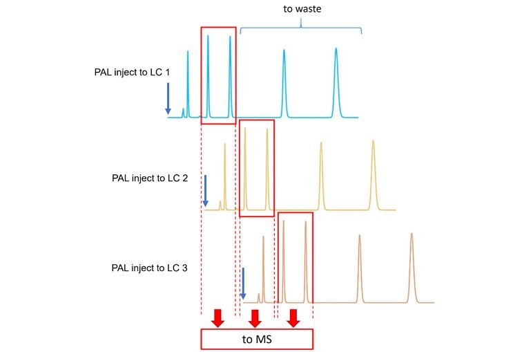 Graph showing chromatographic peaks and signal patterns, representing LCMS Multiplexing for simultaneous compound analysis.