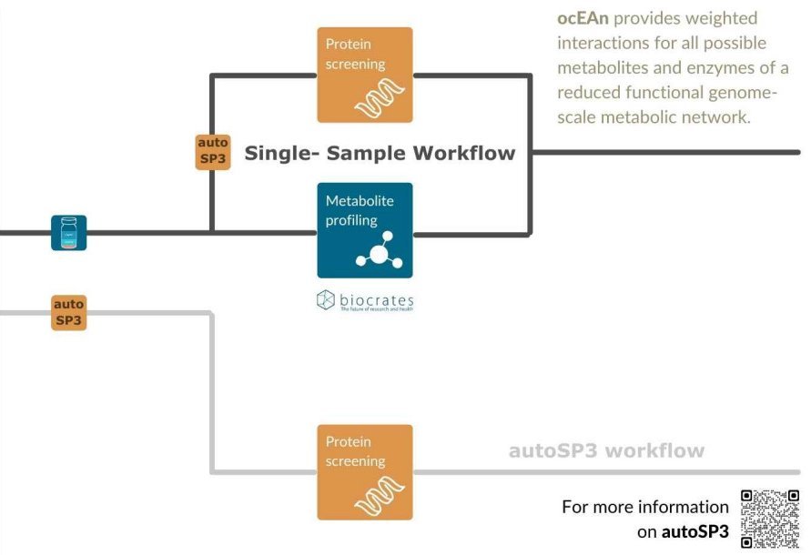 An illustrated workflow of a blood sample that is going through the MTBE-SP3 workflow. The data is integrated and compared at the end.