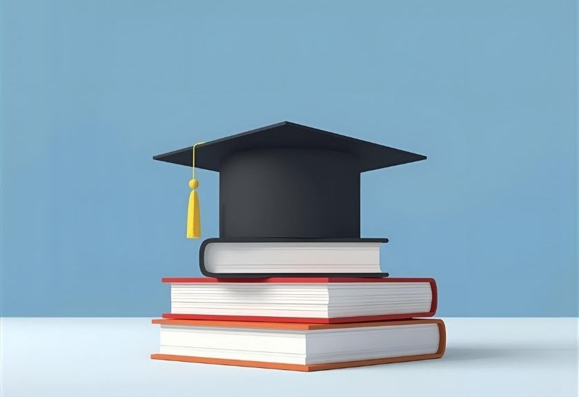 Representation of a PhD. A graduation hat and some books on a table.