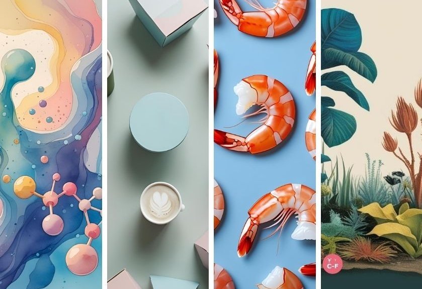 Micro-SPE can be used in many different fields. To visualize that the picture depicts abstract lipidomics and metabolomics shapes, Food analysis related matrices like shrimp and general environmental sample types.